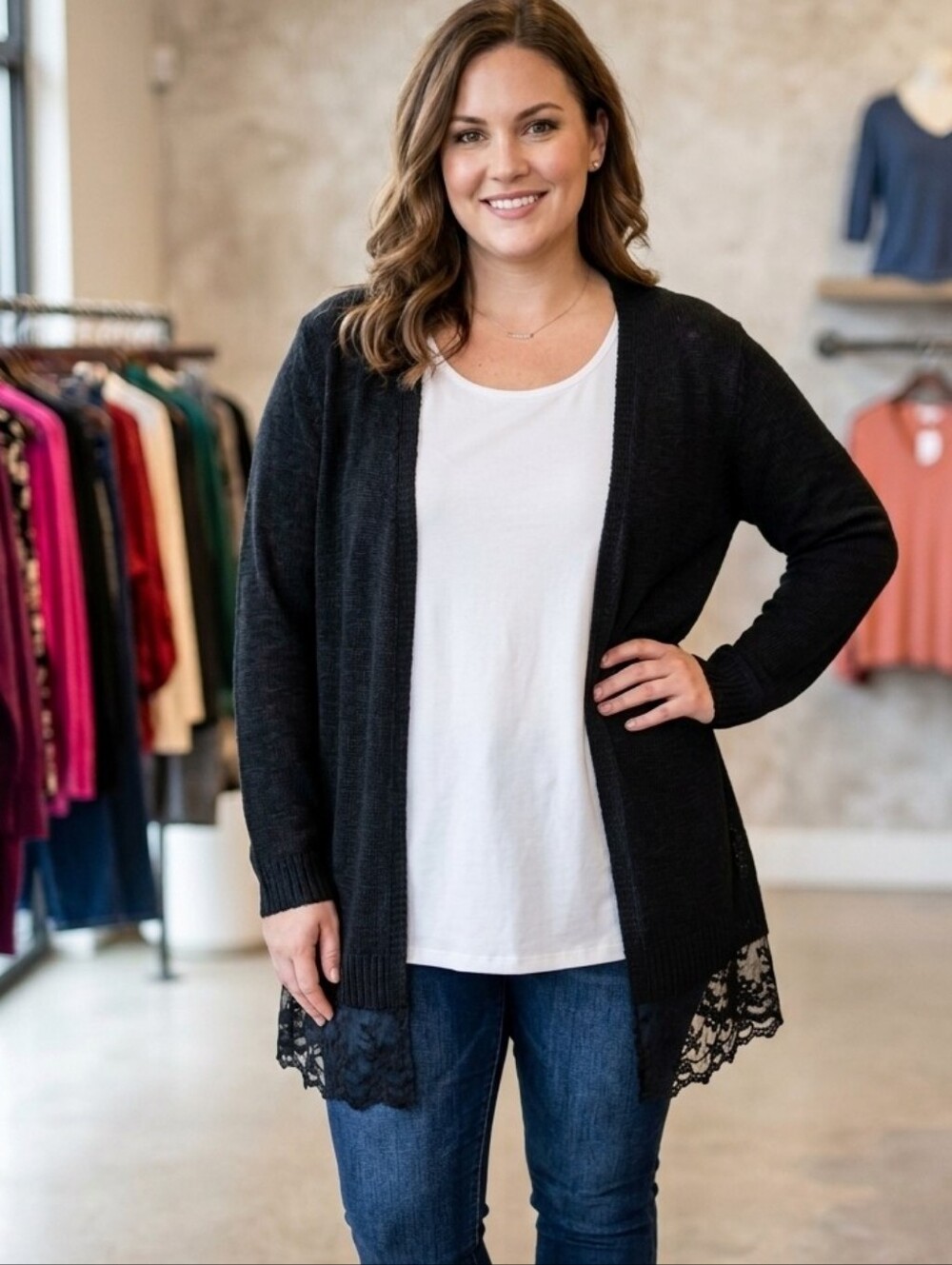 AB Studio Black Open-Front Cardigan with Lace Hem Women's Size Extra Large XL - Picture 6 of 13